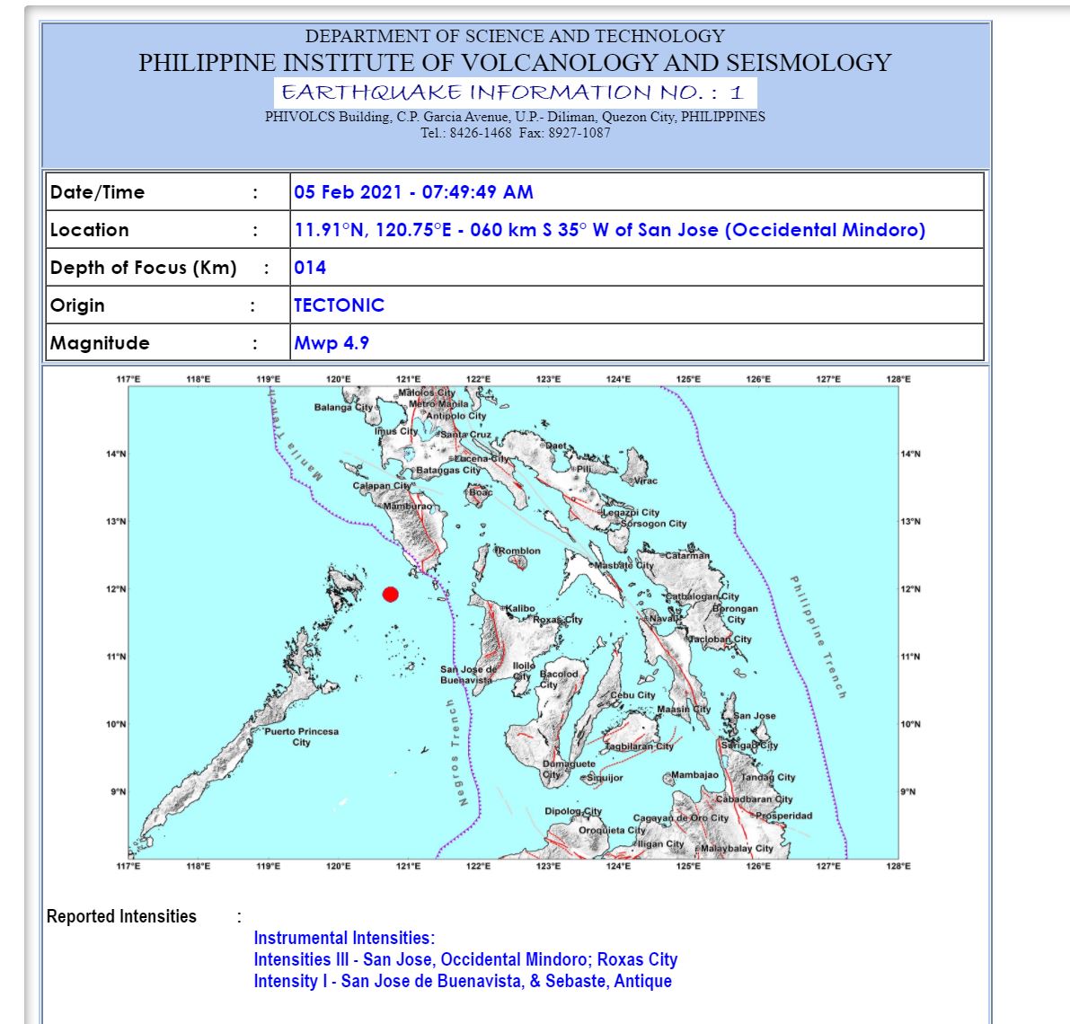 Magnitude 4.9 quake hits Mamburao, Occidental Mindoro. (Photo / Retrieved from Eagle News)